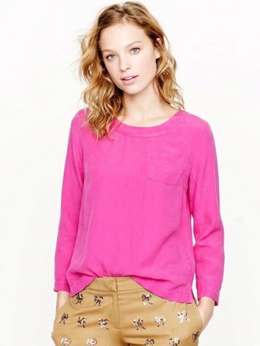 J.Crew Sandwashed 100% Silk Tee Fuchsia Pink Bracelet Sleeve Pocket Top 0 Barbie